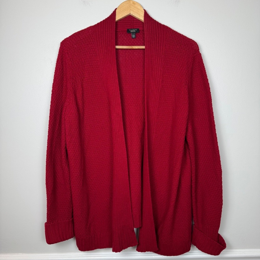 Talbots Woman Petites 2XP Red Popcorn Knit Open Front Shawl Collar Cardigan